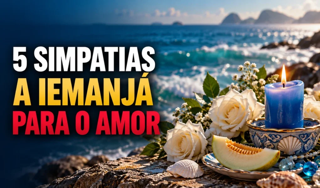 Vela azul, rosas brancas e melão diante do mar, com o título “5 simpatias a Iemanjá para o amor”.