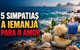 Vela azul, rosas brancas e melão diante do mar, com o título “5 simpatias a Iemanjá para o amor”.